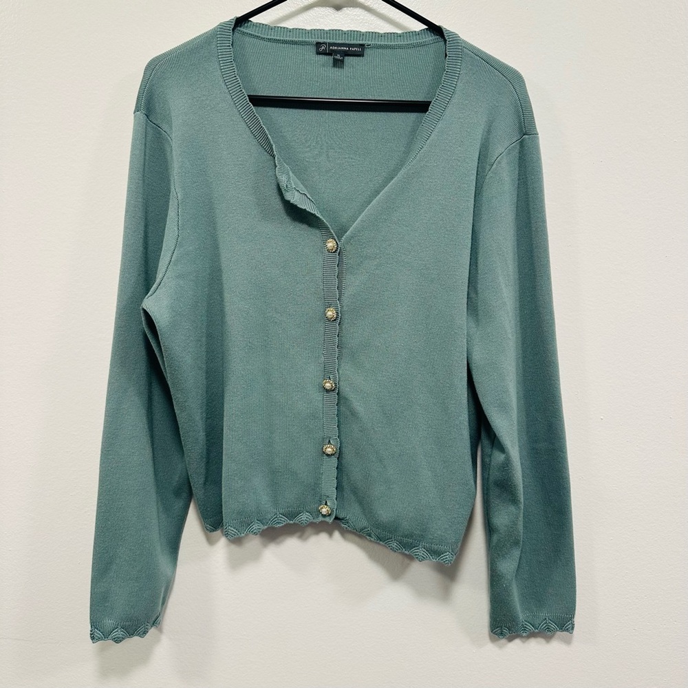 Adrianna Papell Seafoam Green Ribbed Knit cardigan pearl button sweaterTop XL